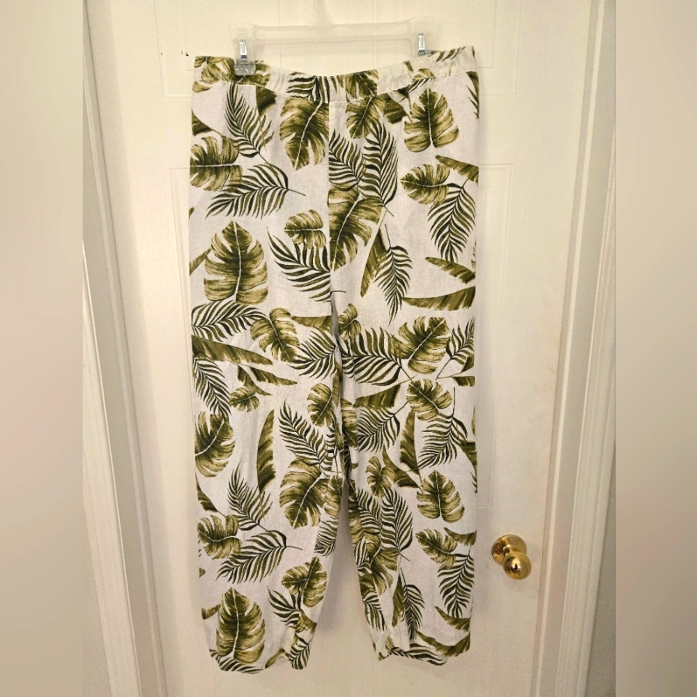 NWT 3X Linen Cotton Green White Leaf Print Wide Leg Pants